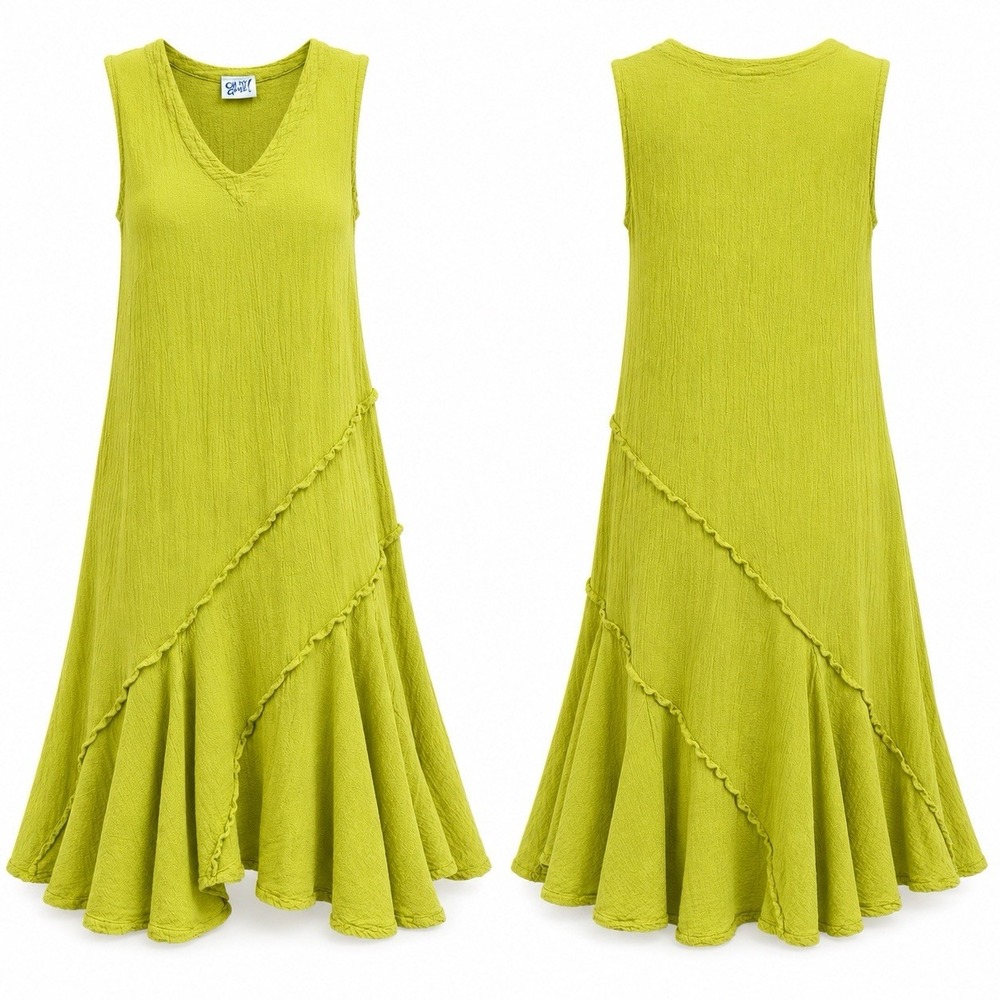 Oh My Gauze Lime Crinkle Cotton Sleeveless Lagenlook Midi Dress Sz S/M
